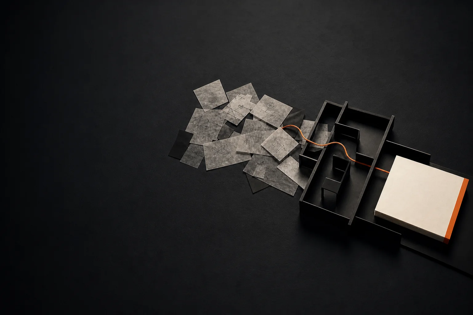 Scattered workflow notes pass through a black sorting frame and emerge as one clean decision brief
