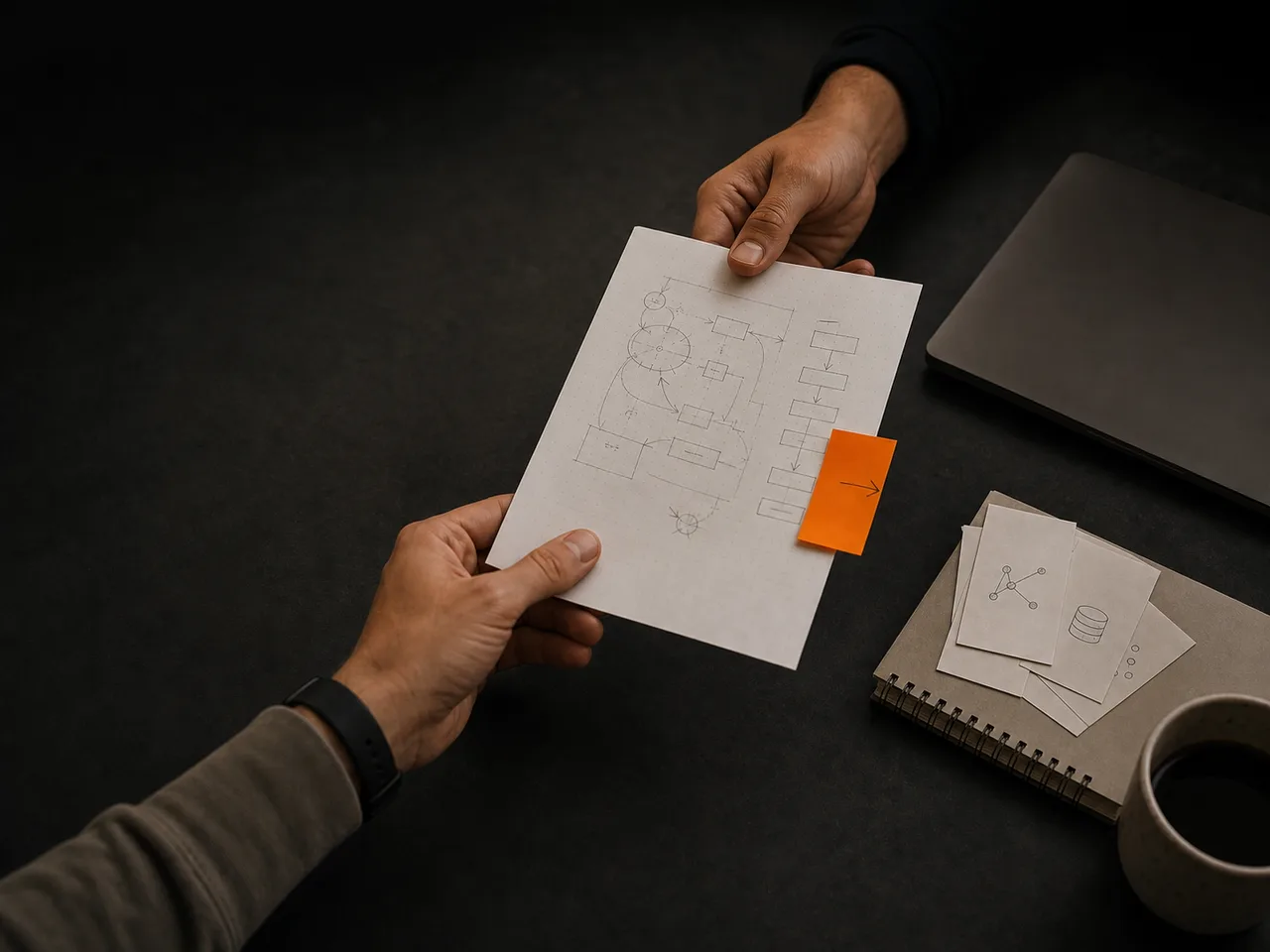 Two people passing an implementation plan across a dark desk