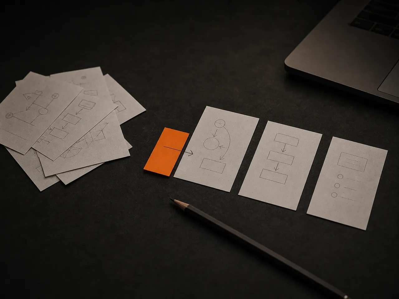 Paper workflow cards moving from a scattered pile to an ordered sequence on a dark desk
